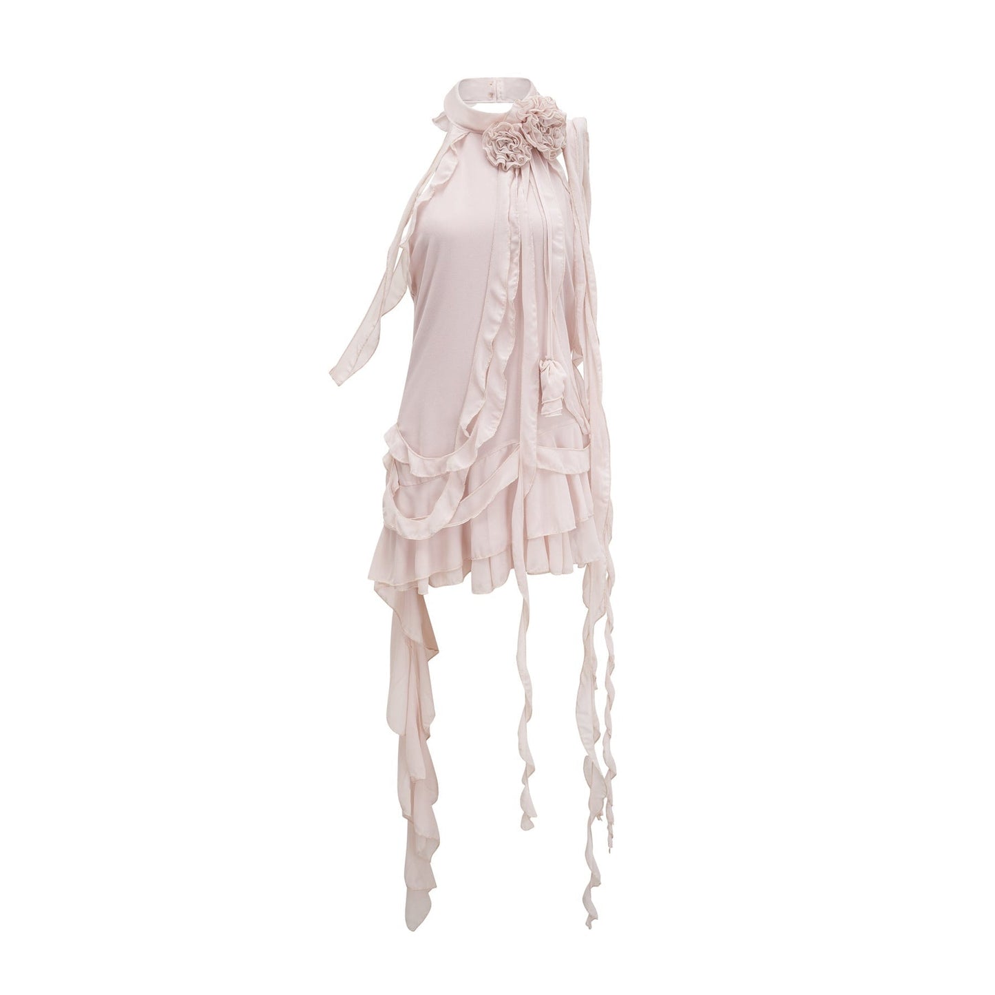 Sleeveless dress with high neckline adorned with flowers and ribbon accents Neutral colors asymmetric styling and floral edge detailing Made of 70% polyester 30% cotton