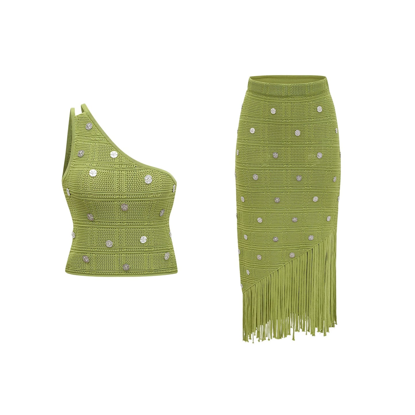 A woman wearing a green knitted two piece outfit consisting of a sleeveless top and matching skirt with embellished details