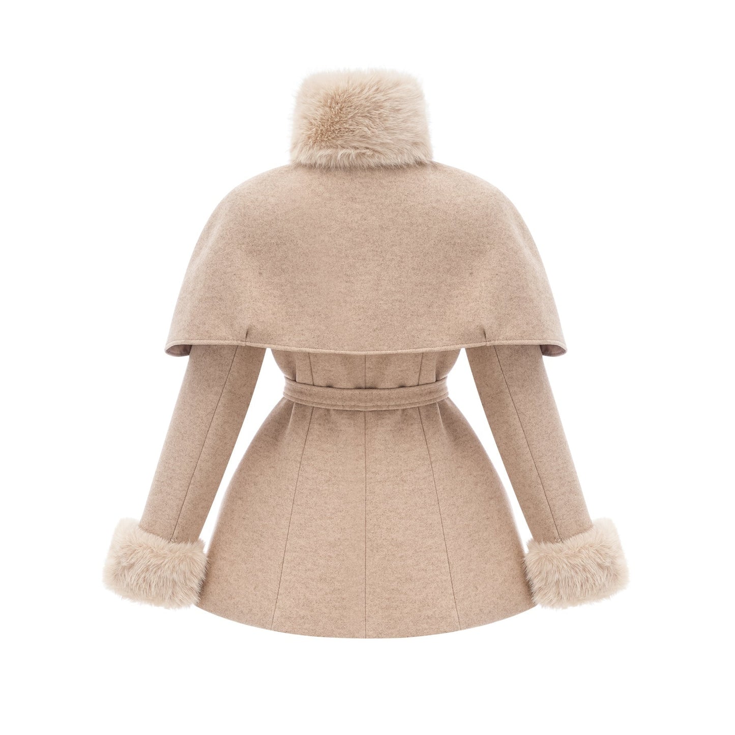 A woman wearing a long black faux fur coat with a detachable cape around the shoulders standing in a stylish pose