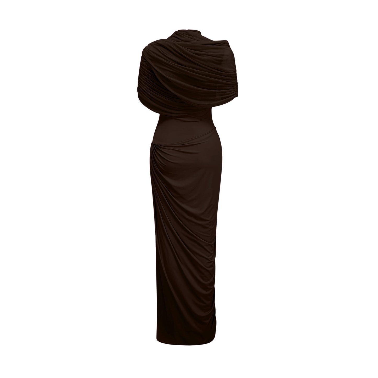 A woman wearing a long brown asymmetric maxi dress with pleated details standing in a neutral background
