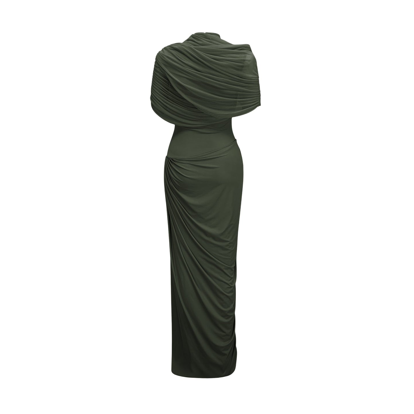 A woman wearing a long green asymmetric pleated maxi dress with a flowy skirt and one shoulder design