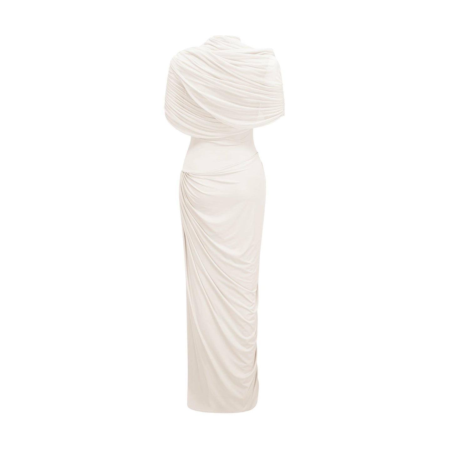 A woman wearing a long white asymmetrical maxi dress with pleated details standing in a neutral background