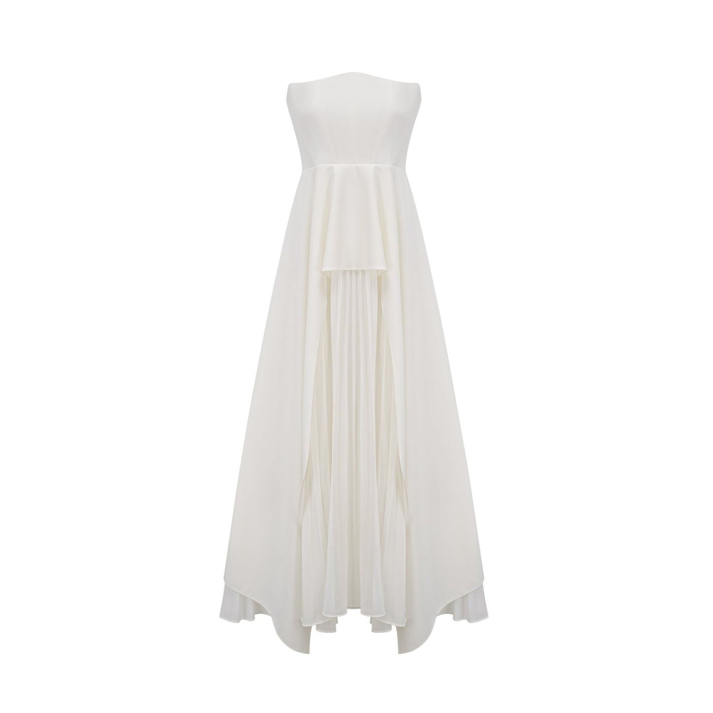 A woman wearing a long white pleated maxi dress with an offshoulder neckline