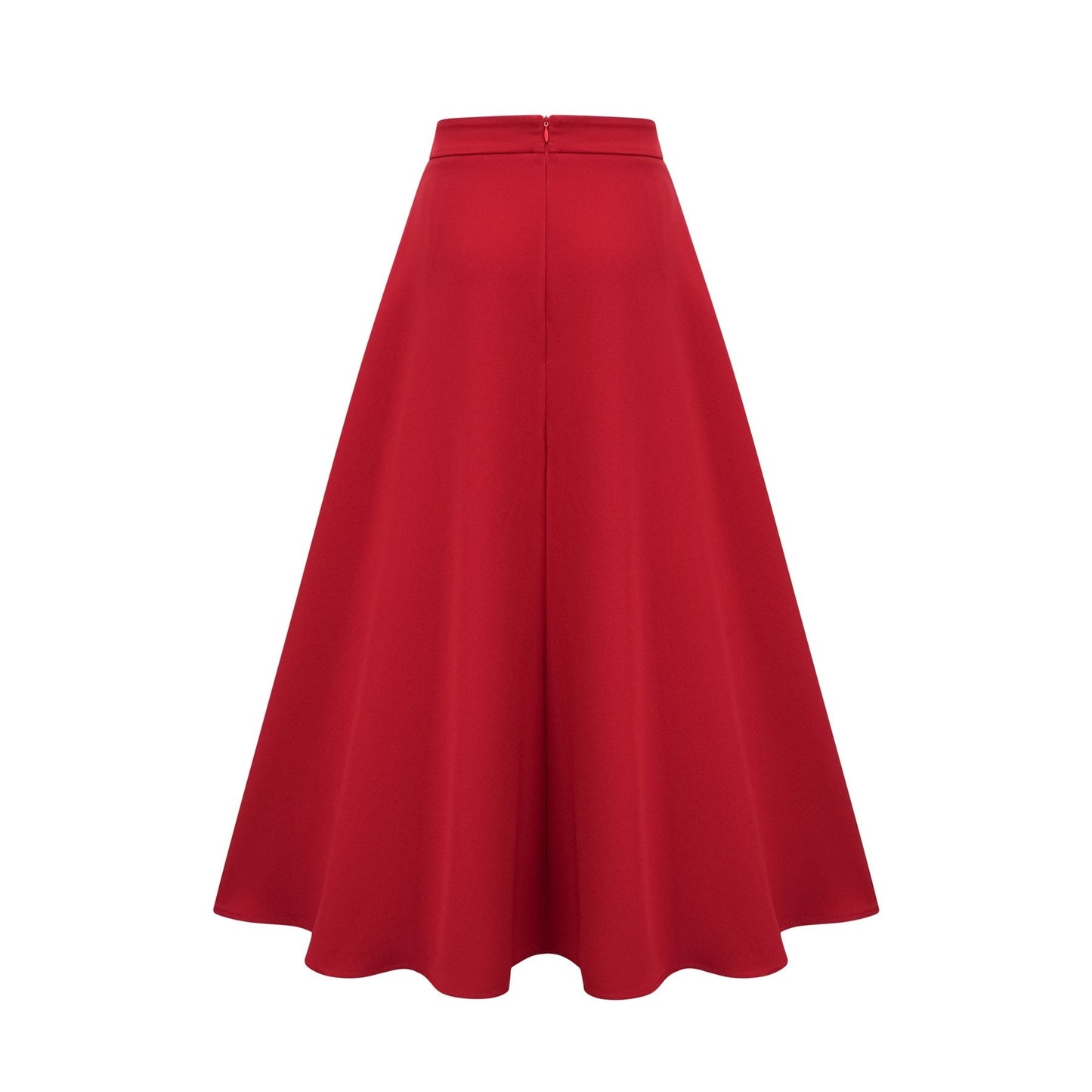 A woman wearing a matching red outfit consisting of a pleated blouse and skirt The blouse has long sleeves and the skirt falls to mid calf length The fabric appears lightweight and flowy