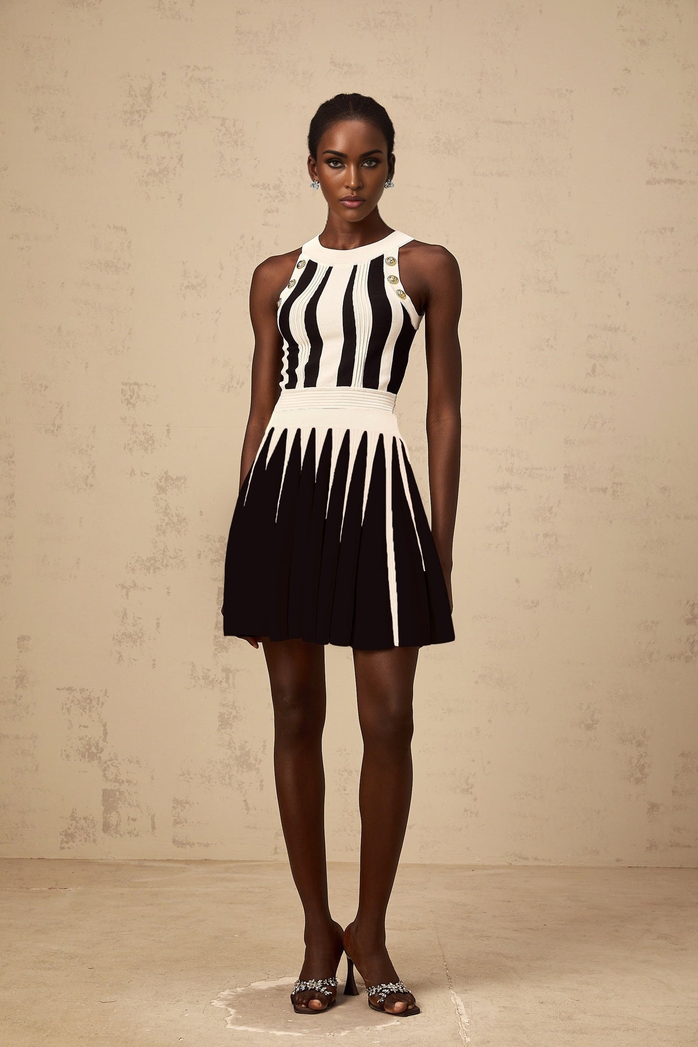 A woman wearing a matching striped knit top and skirt set in contrasting colors with the top featuring long sleeves and the skirt falling to midi length