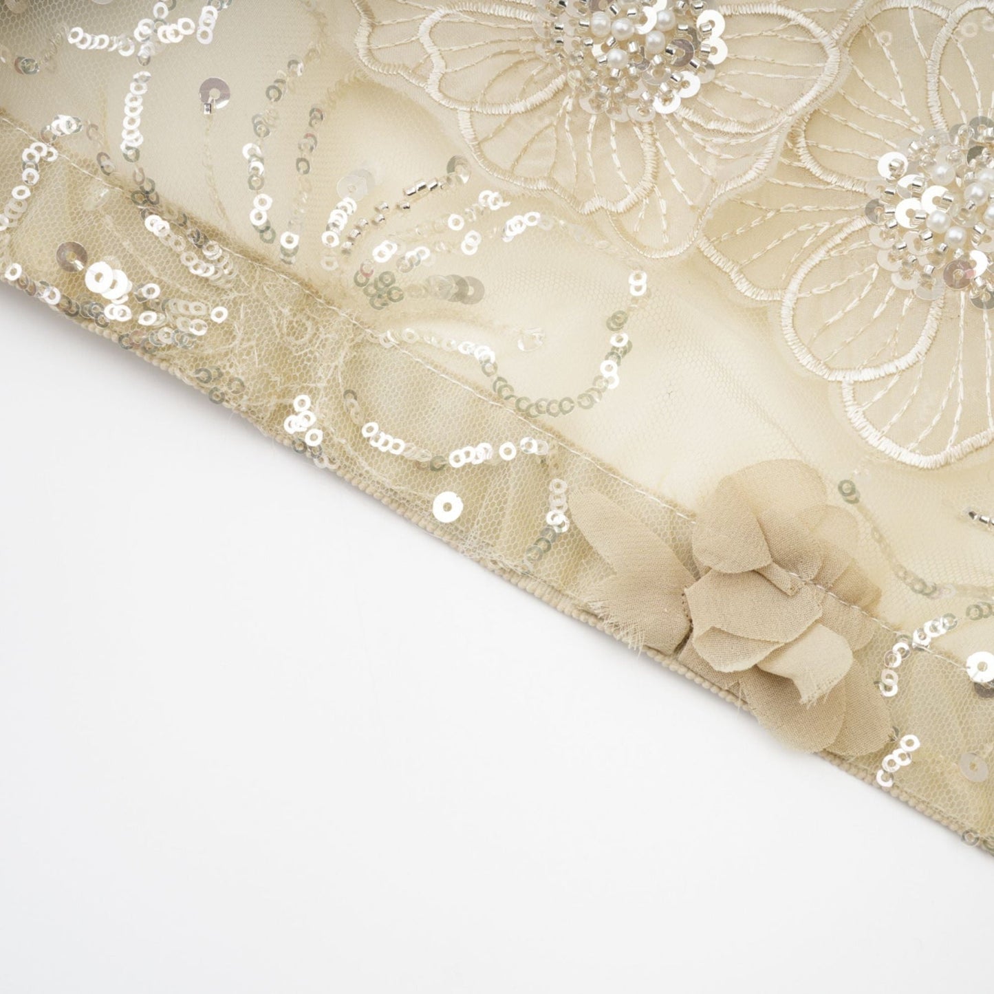 A woman wearing a sheer floral jacket with beaded embellishments and delicate organza fabric in a light luxurious style