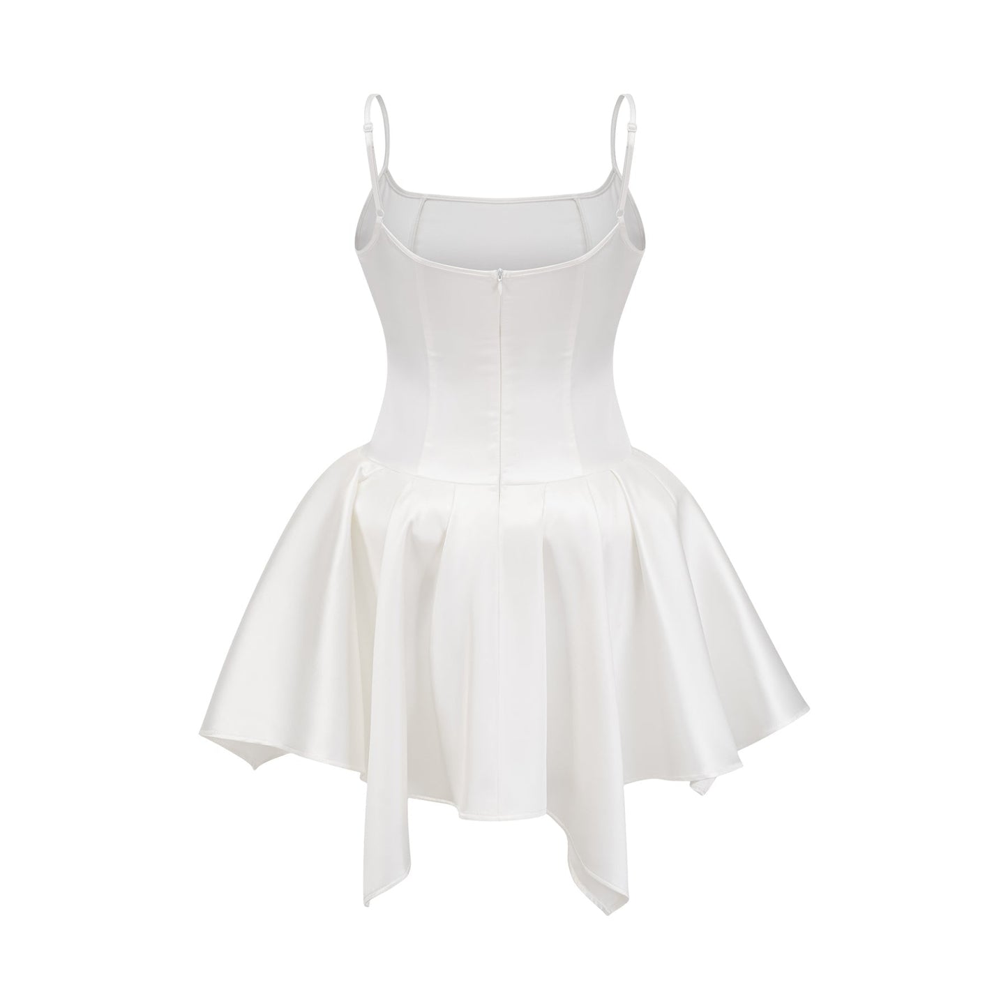 White satin dress with sleeveless square neck spaghetti straps and asymmetric thighlength hem Fabric composition 56% Polyester 44% Acetate