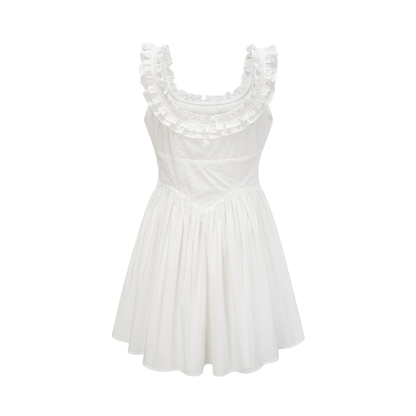 Sleeveless white Uneck dress with ruffled crystaladorned detailing pleats rear zip and mini length in 100% Cotton