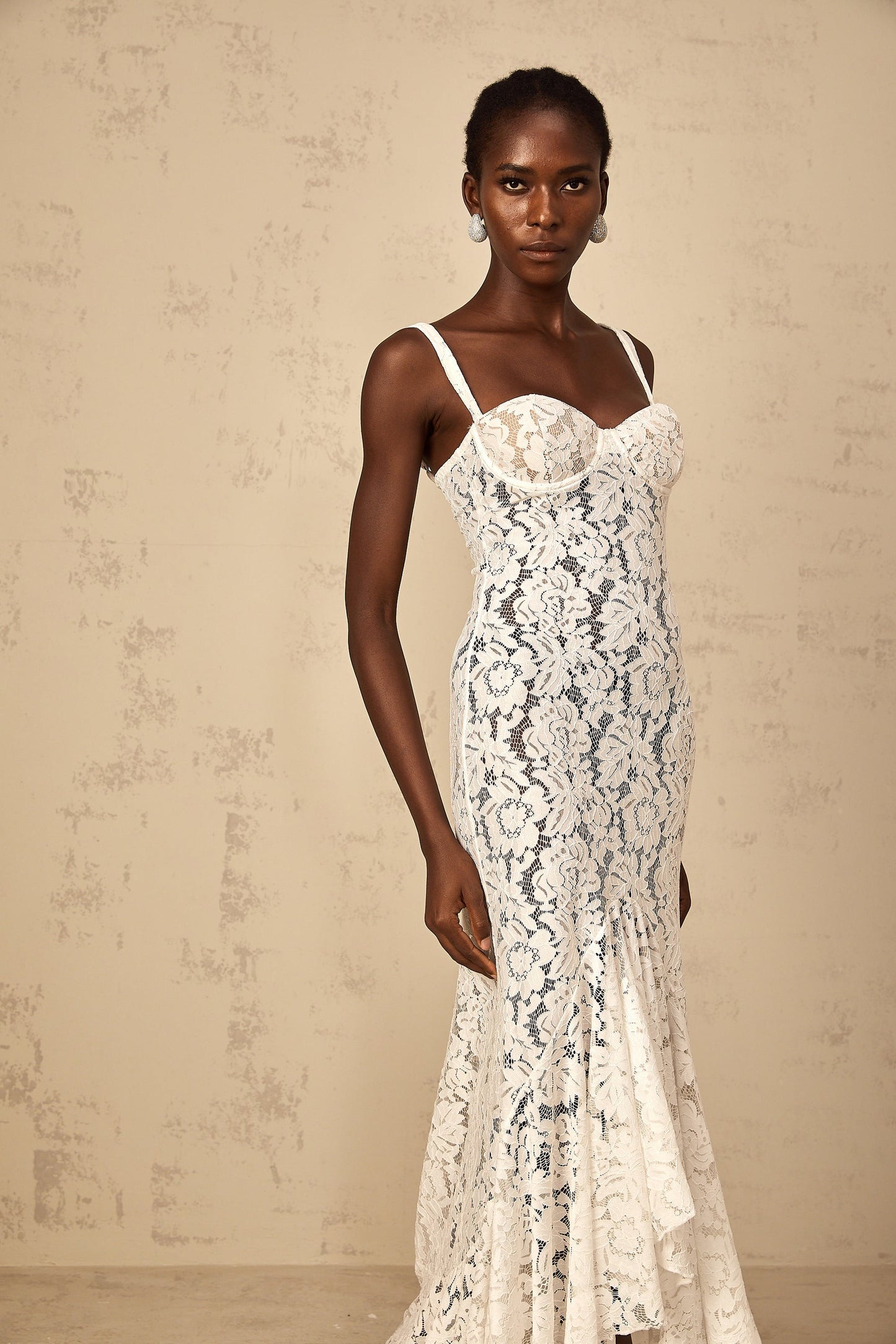 Abbie White Floral Lace Bustier Maxi Dress