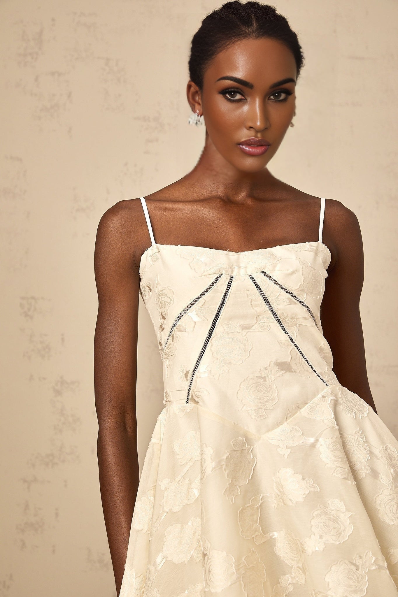 Adabella white mini dress with floral jacquard pattern on fabric