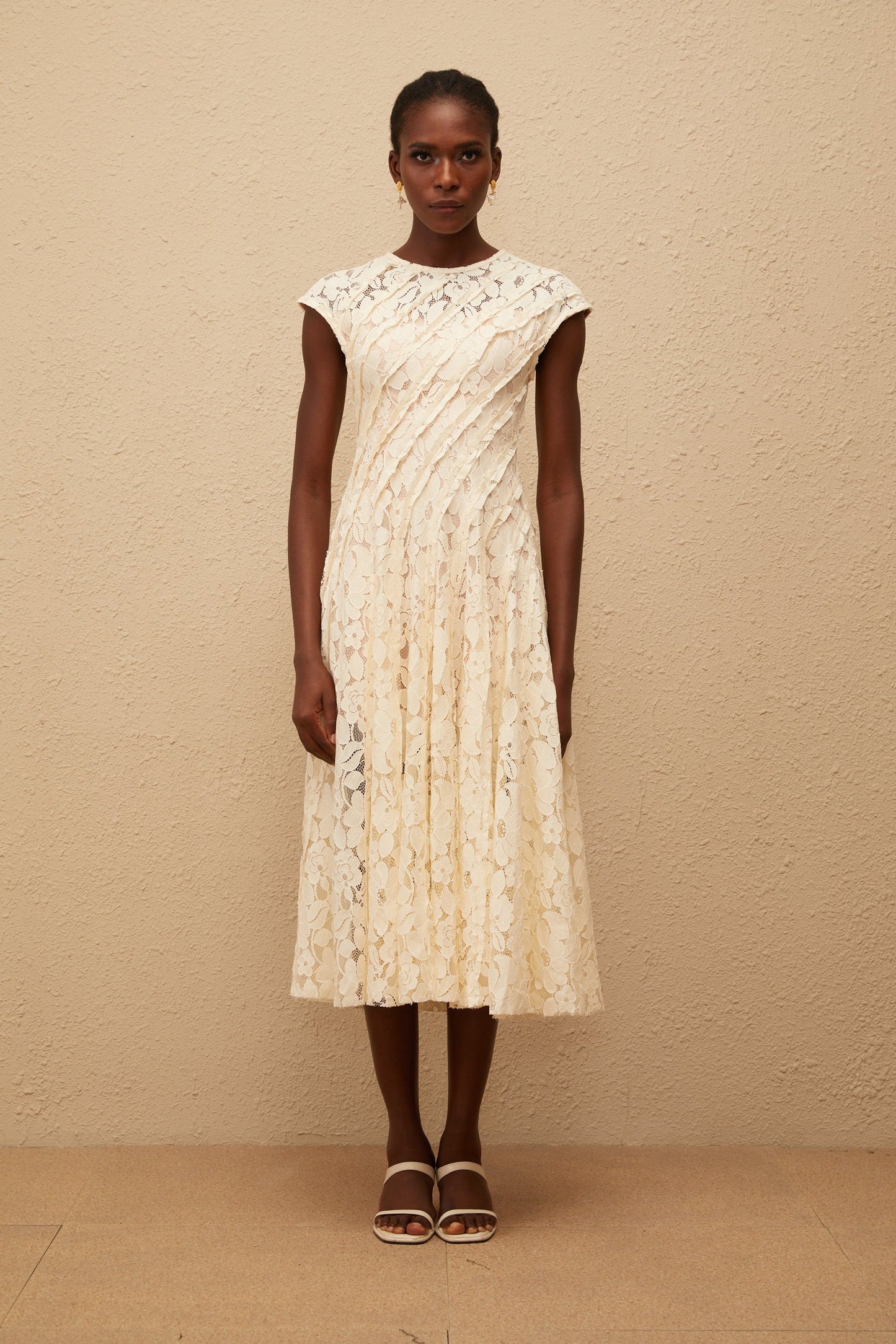 Adèle Neutral Floral Lace Midi Dress