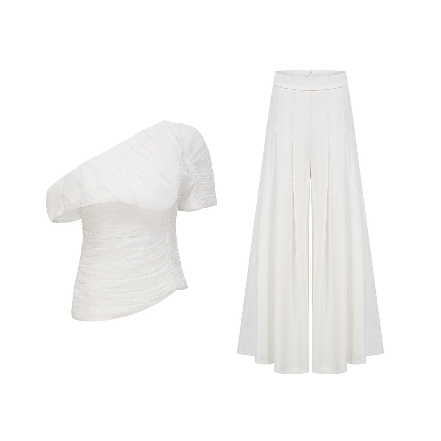 Adele white creased matching set with top and trousers on plain background