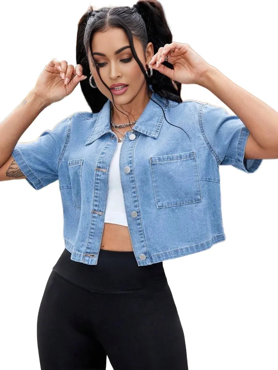 Adrianna Cropped Denim Jacket with Pockets in Blue - Blue