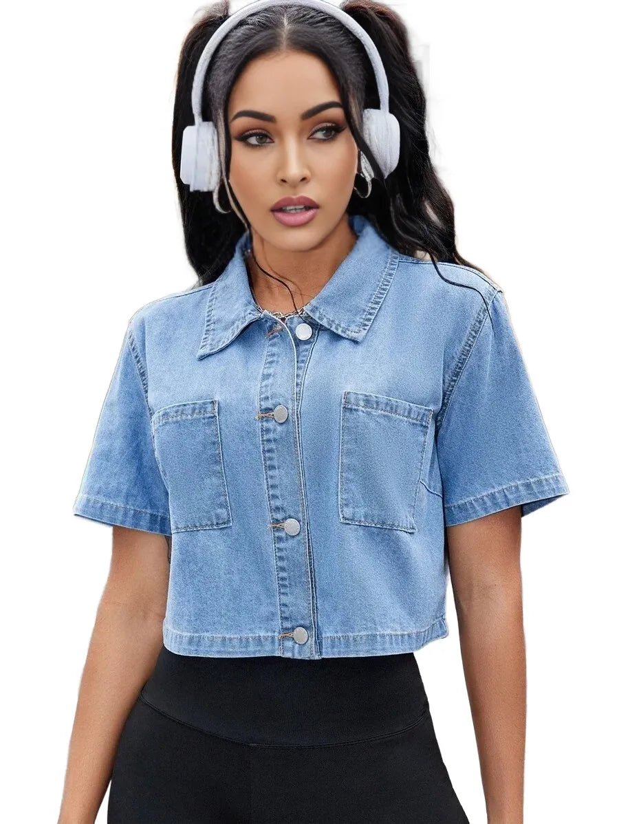 Adrianna Cropped Denim Jacket with Pockets in Blue - Blue