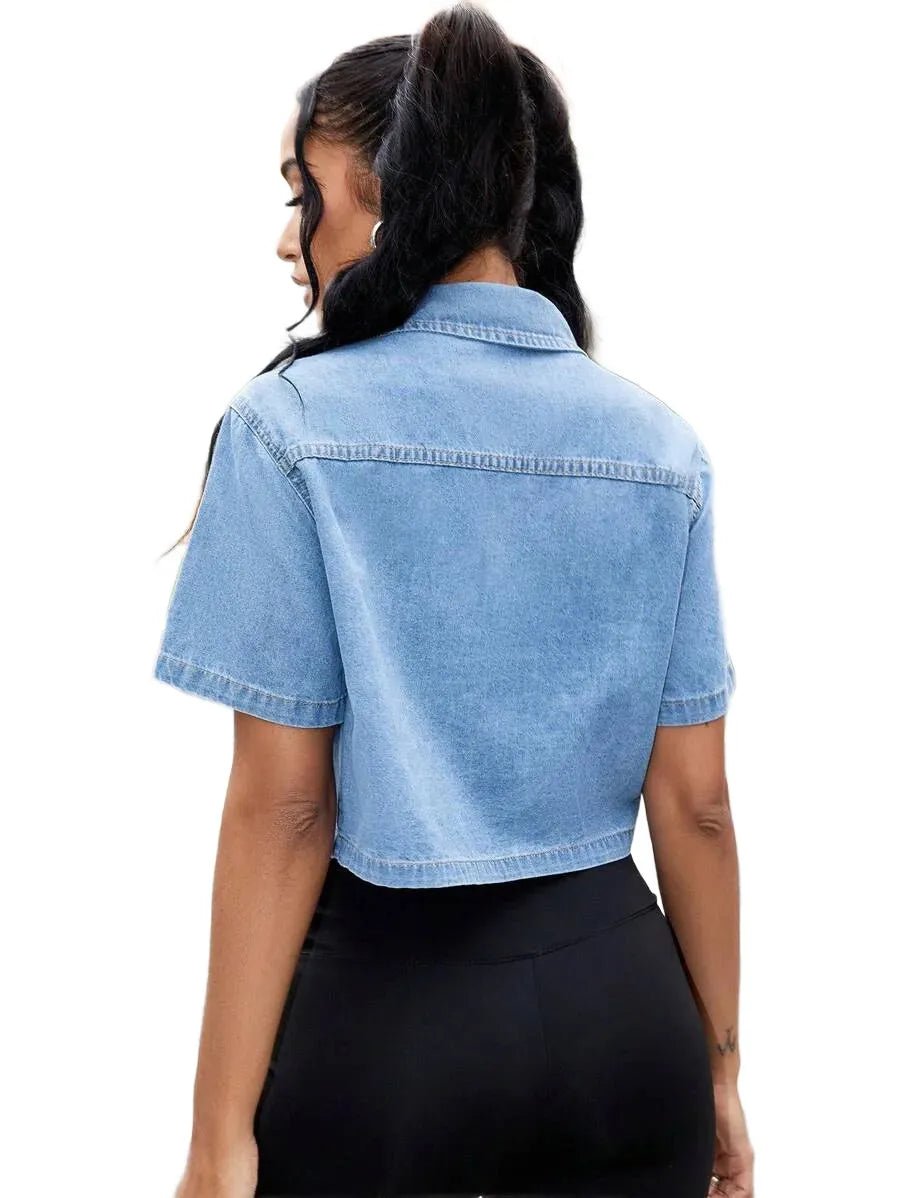 Adrianna Cropped Denim Jacket with Pockets in Blue - Blue