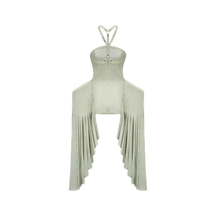 Green halterneck dress with open back pleat detailing spaghetti straps voluminous skirt and asymmetric hem Goldtone hardware and rear concealed zip fastening Made from 100% cotton