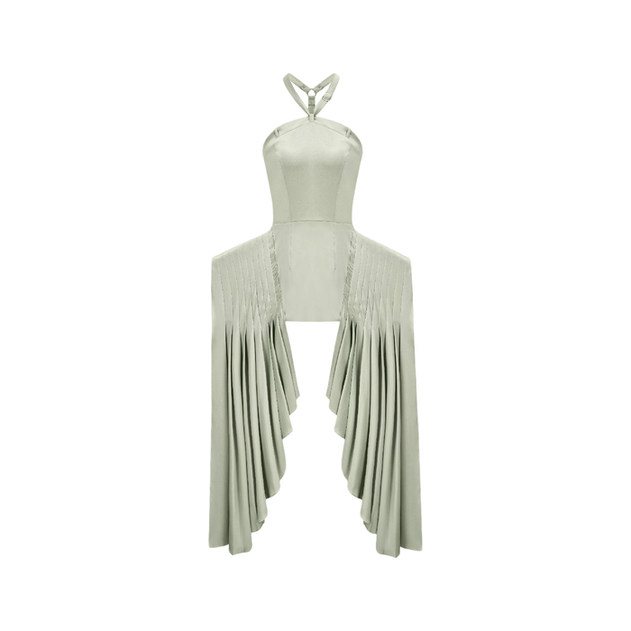 Halterneck dress with open back pleat detailing voluminous skirt and delicate spaghetti straps Asymmetric hem and goldtone hardware accents Made of 100% cotton