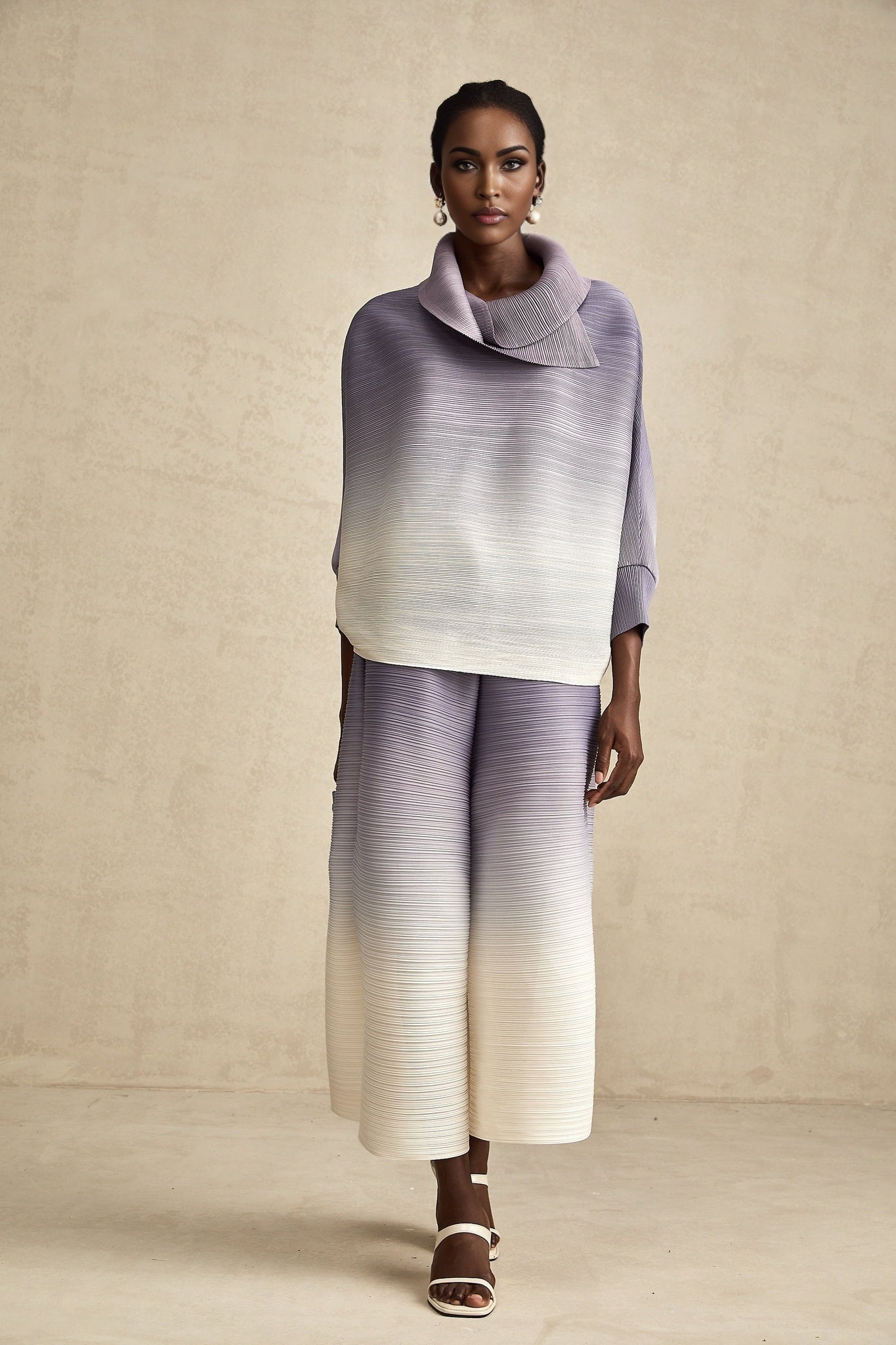 Agathe purple gradient wrinkled blouse trousers matching set