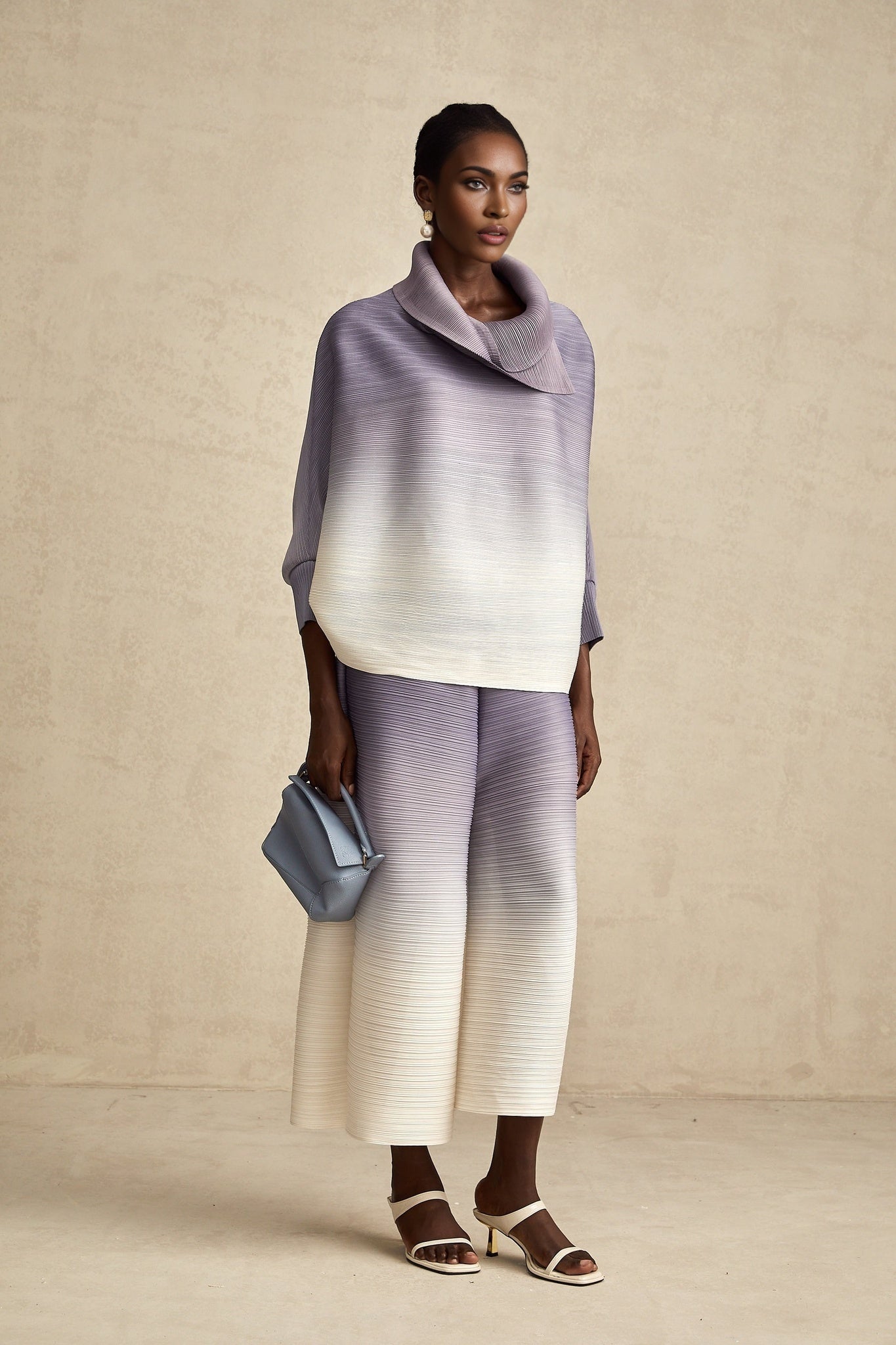 Agathe purple gradient wrinkled blouse trousers matching set