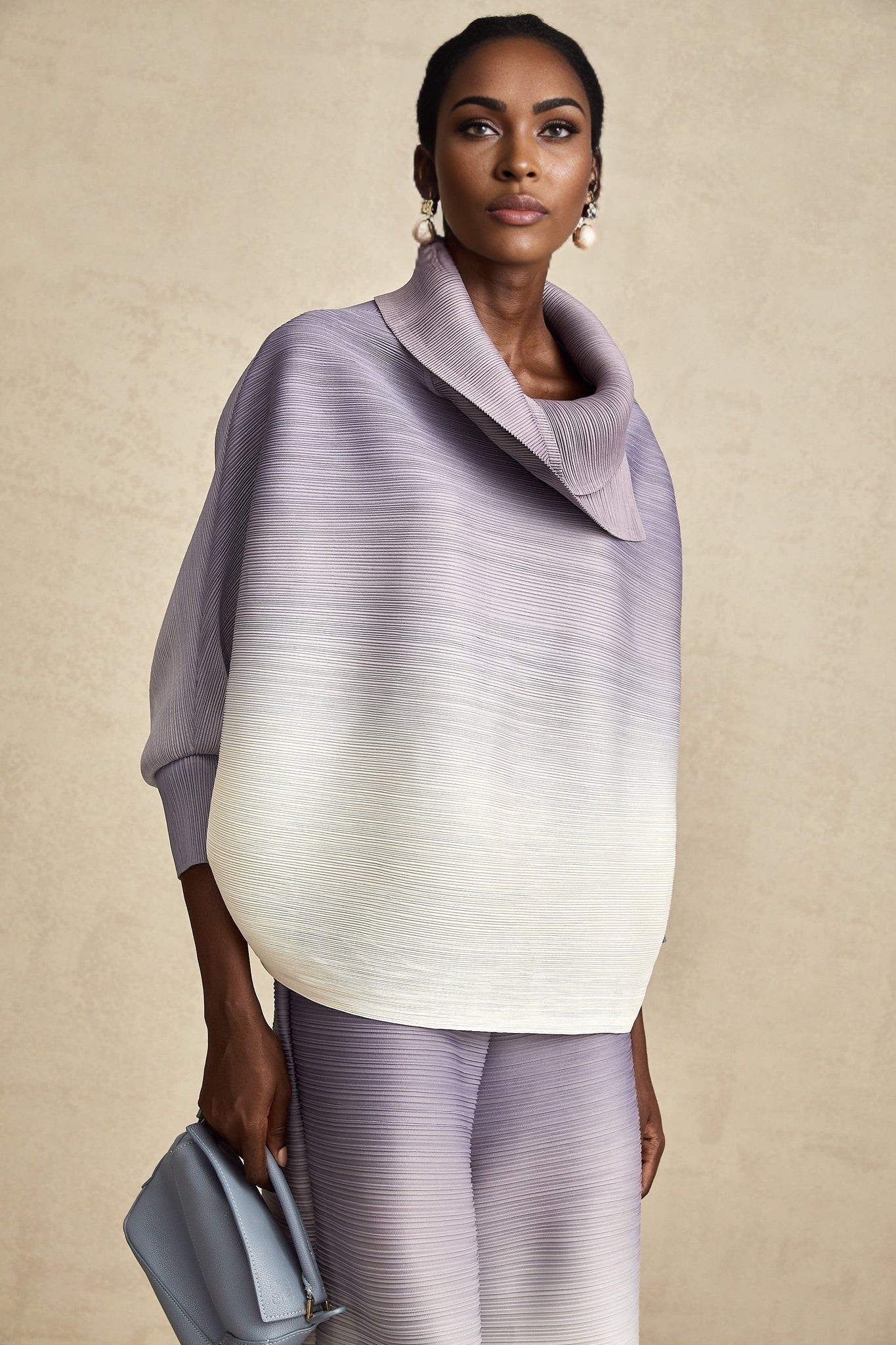 Agathe purple gradient wrinkled blouse trousers matching set