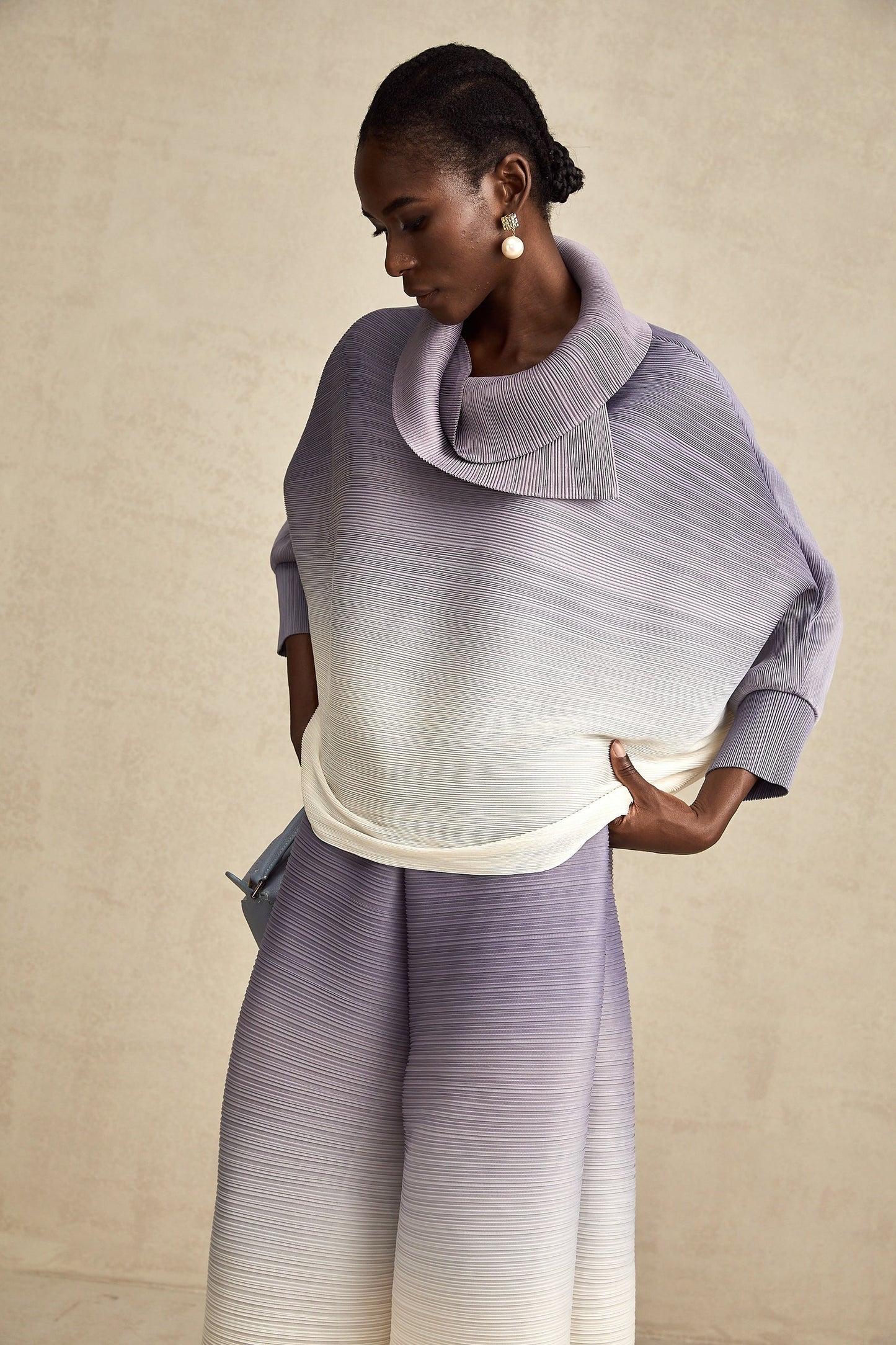 Agathe purple gradient wrinkled blouse trousers matching set