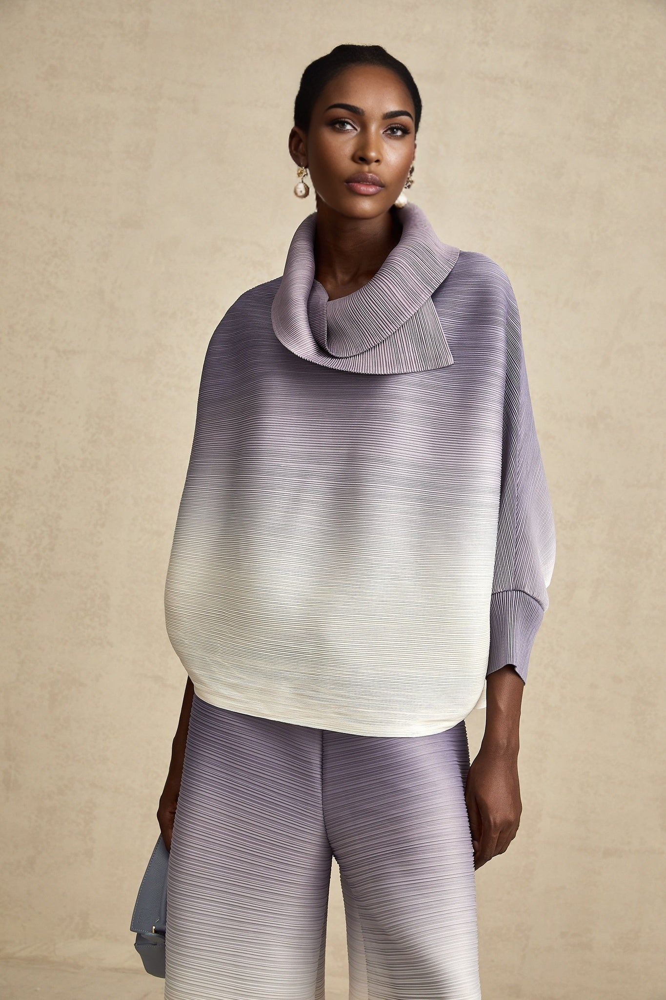 Agathe purple gradient wrinkled blouse trousers matching set
