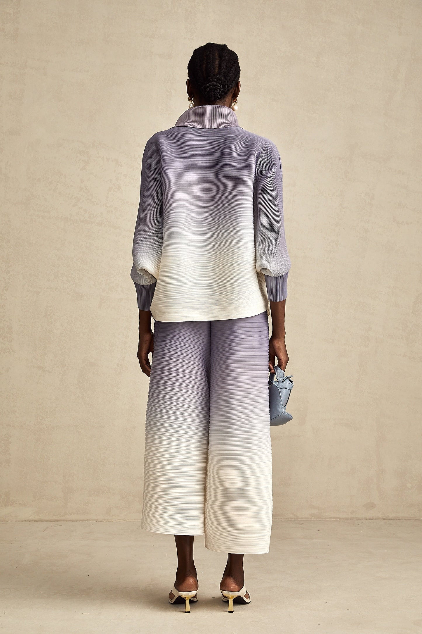 Agathe purple gradient wrinkled blouse trousers matching set