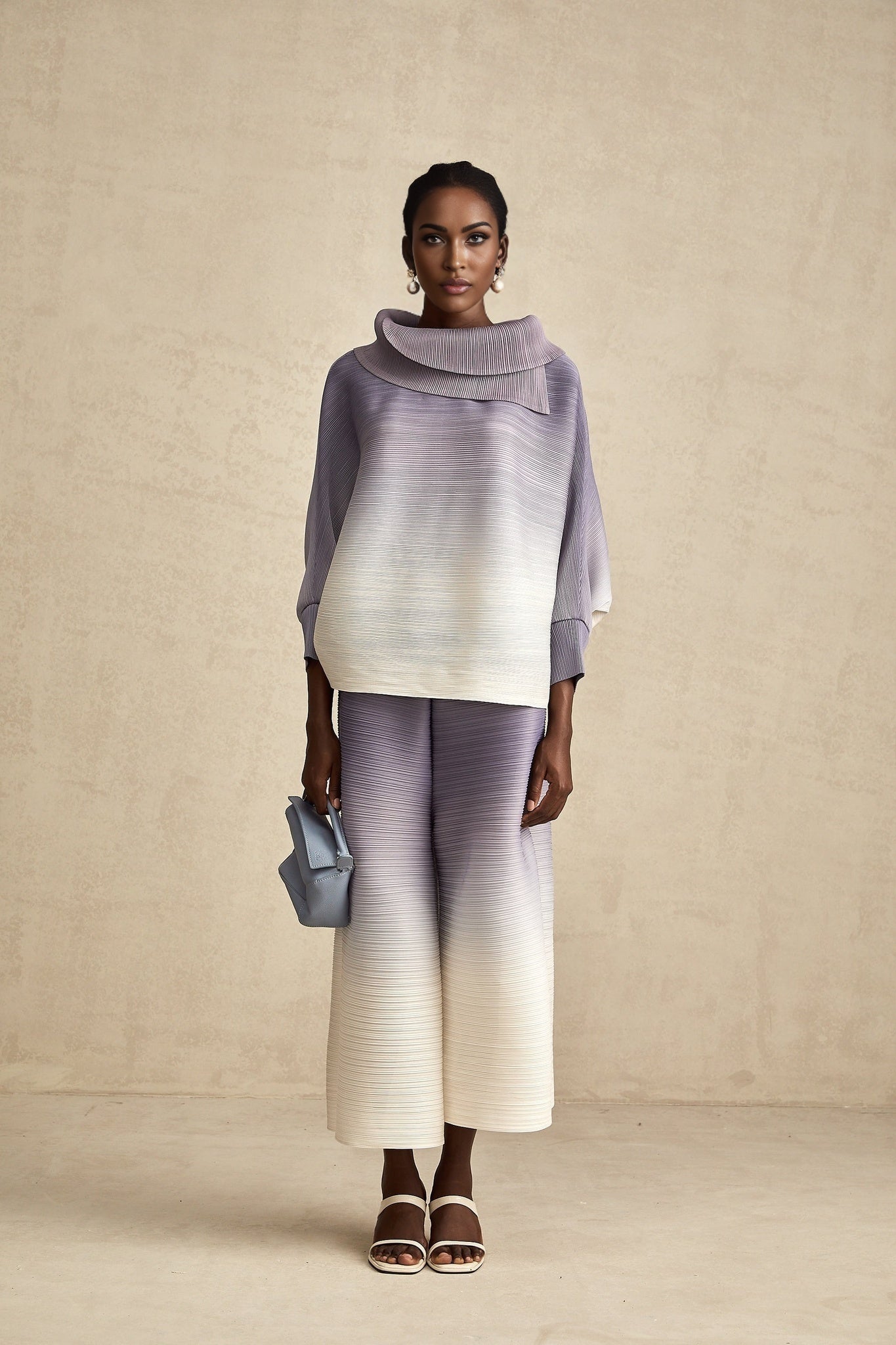 Agathe purple gradient wrinkled blouse trousers matching set