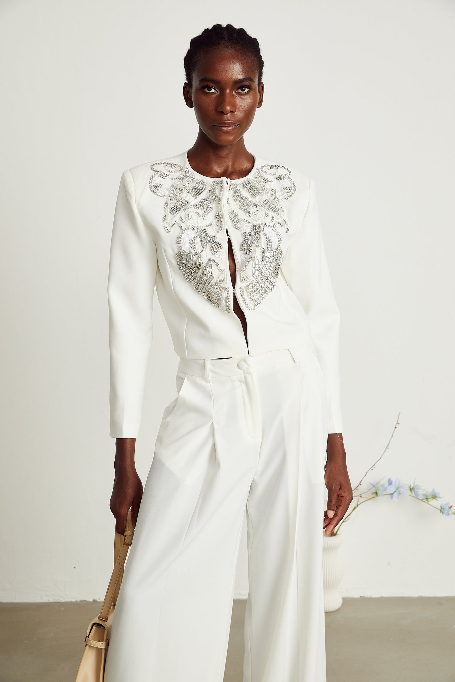 Agnès white embellished jacket trousers matching set