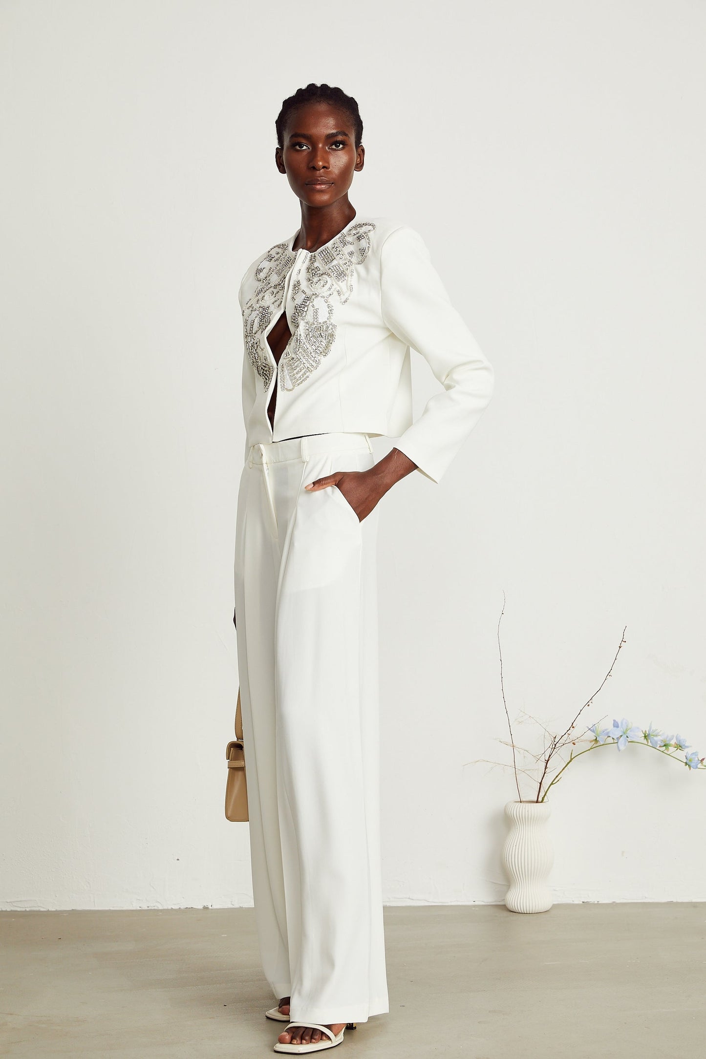 Agnès white embellished jacket trousers matching set