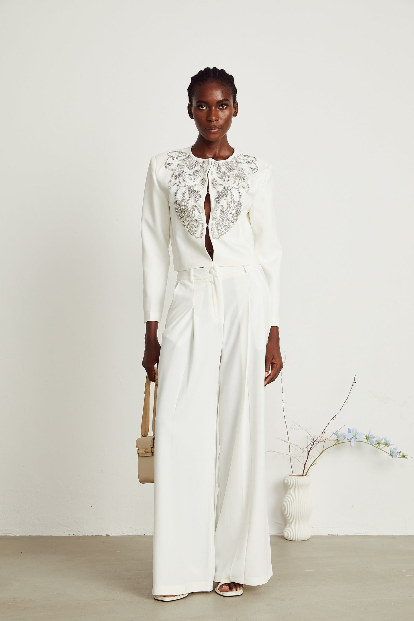 Agnès white embellished jacket trousers matching set