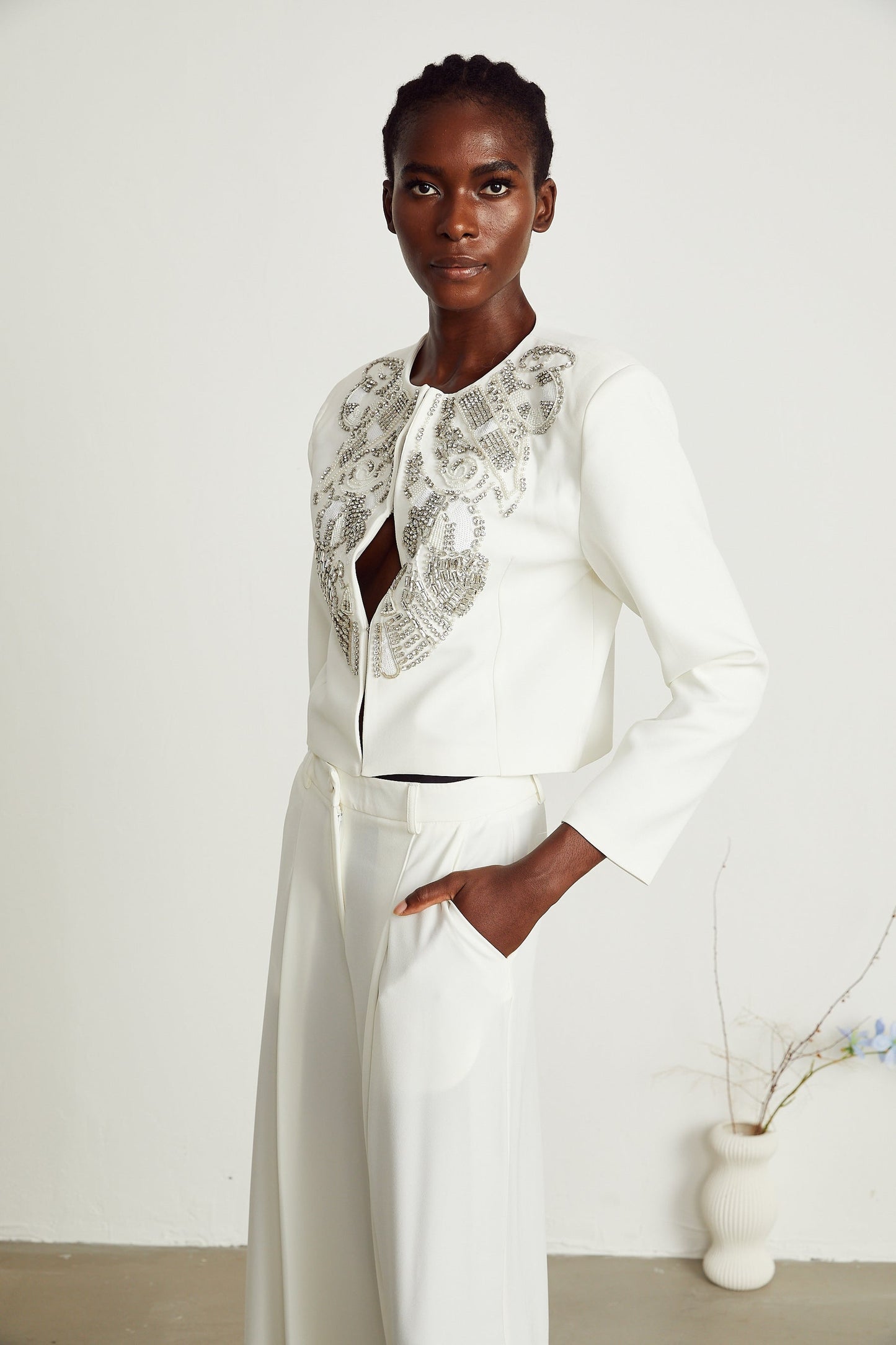 Agnès white embellished jacket trousers matching set