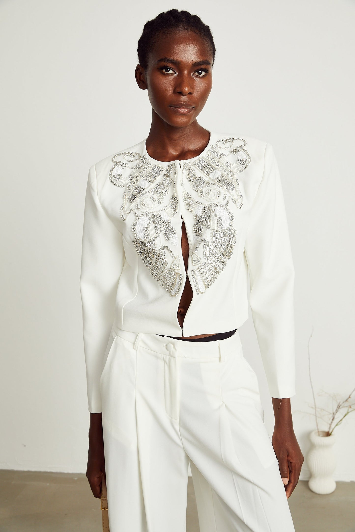 Agnès white embellished jacket trousers matching set
