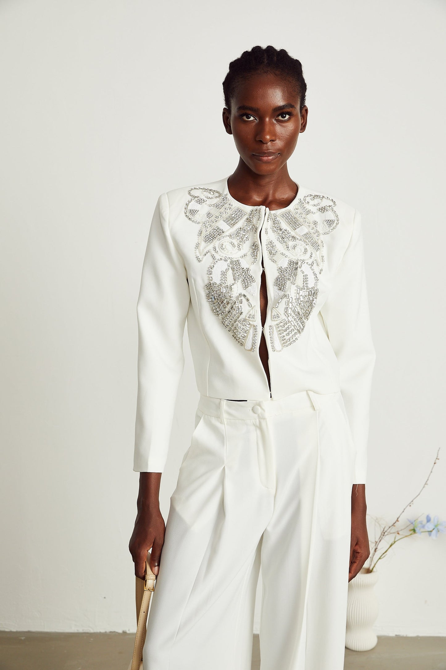 Agnès white embellished jacket trousers matching set