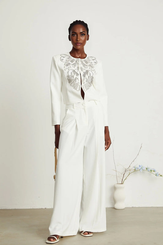 Agnès white embellished jacket  trousers matching set
