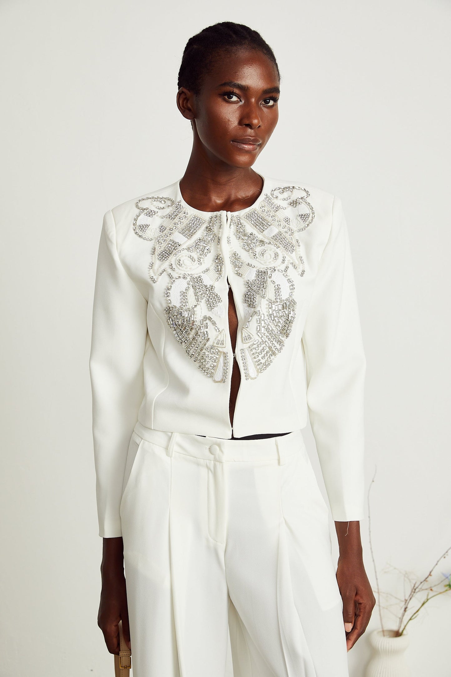 Agnès white embellished jacket trousers matching set
