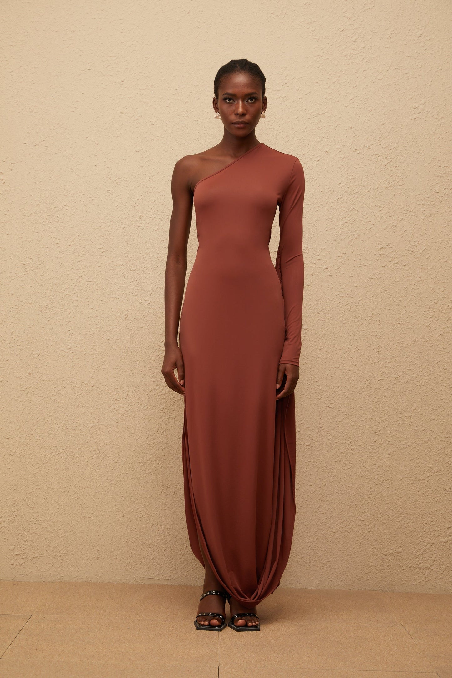 Aikaterini Brown Asymmetrical Draped Panel Midi Dress