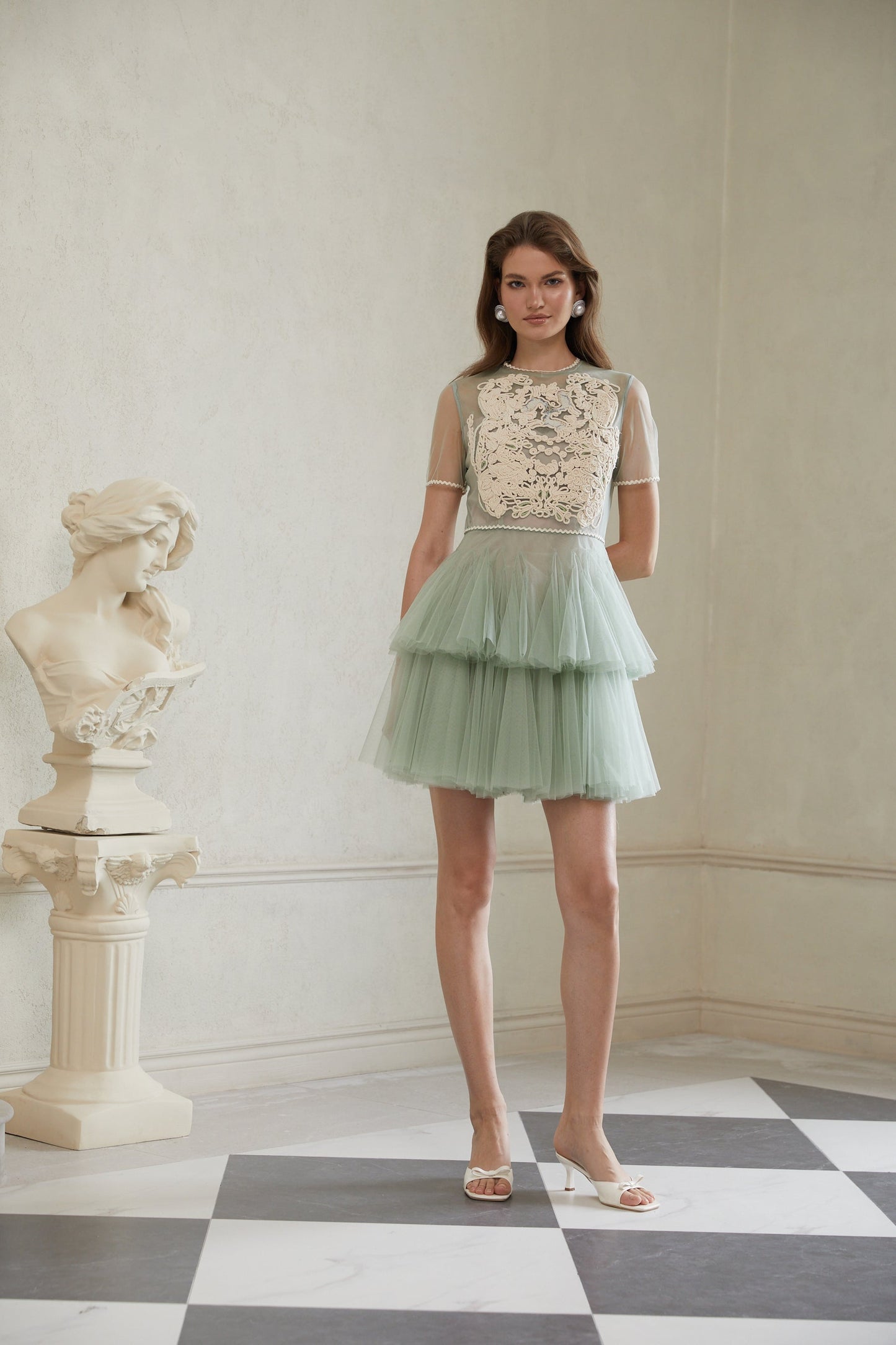 Aikaterini Green Floral Braided Tulle Mini Dress