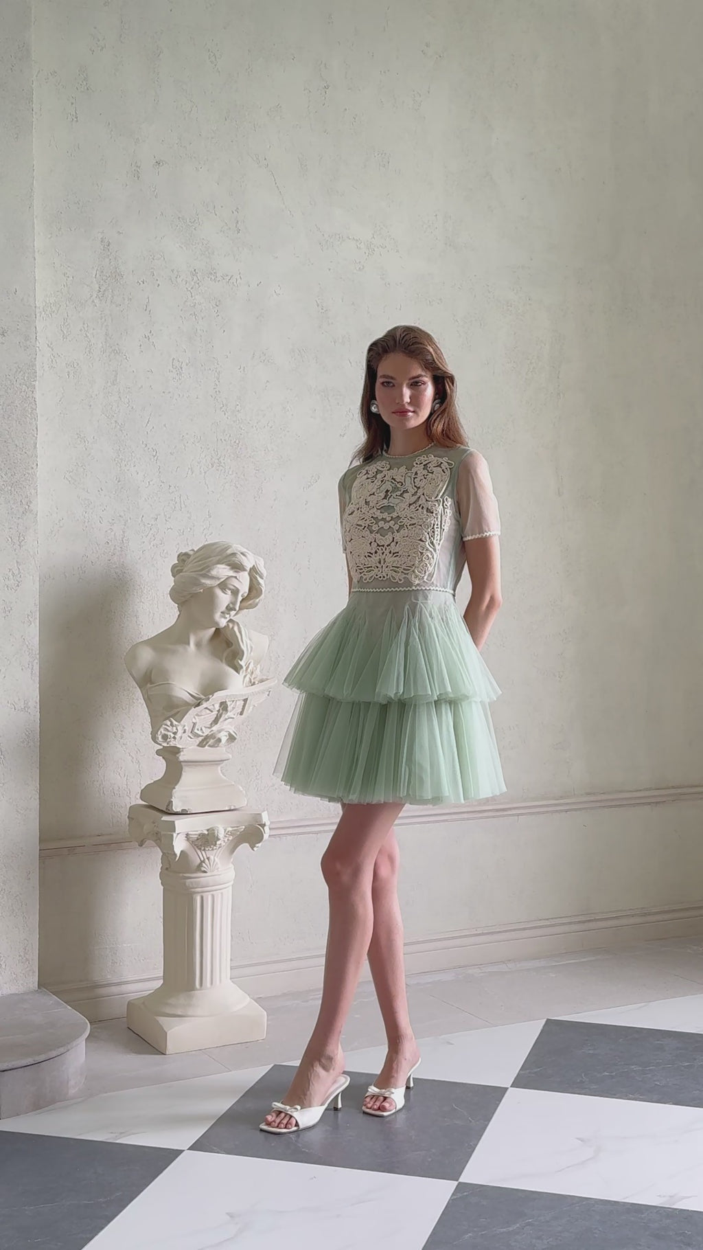 Aikaterini Green Floral Braided Tulle Mini Dress