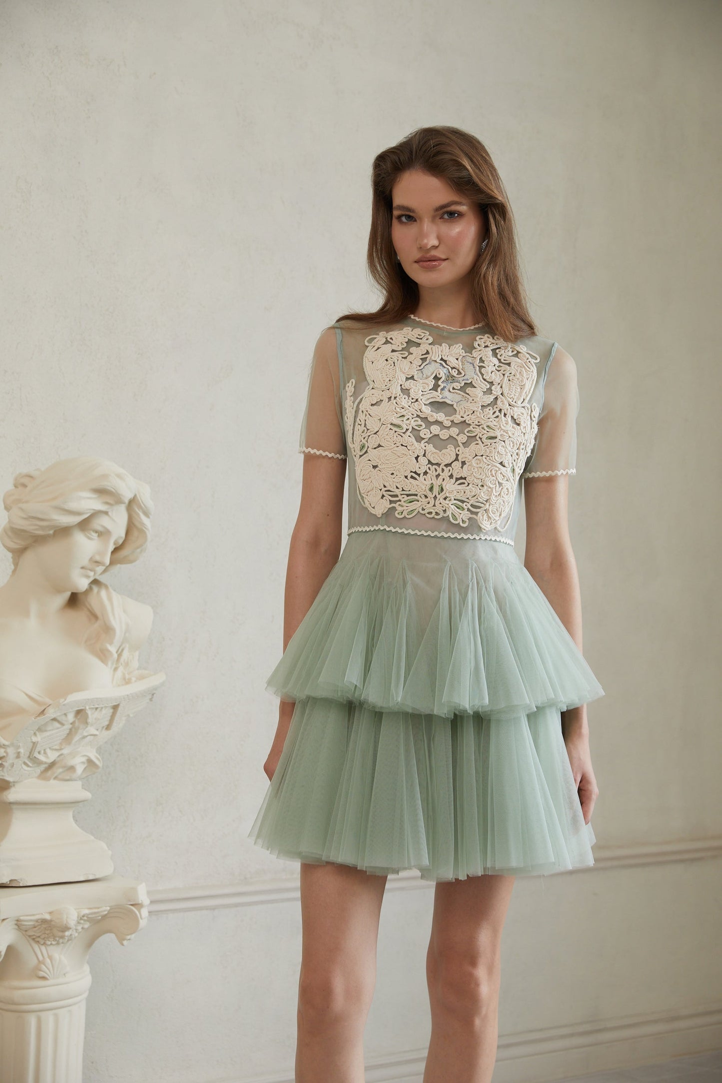 Aikaterini Green Floral Braided Tulle Mini Dress