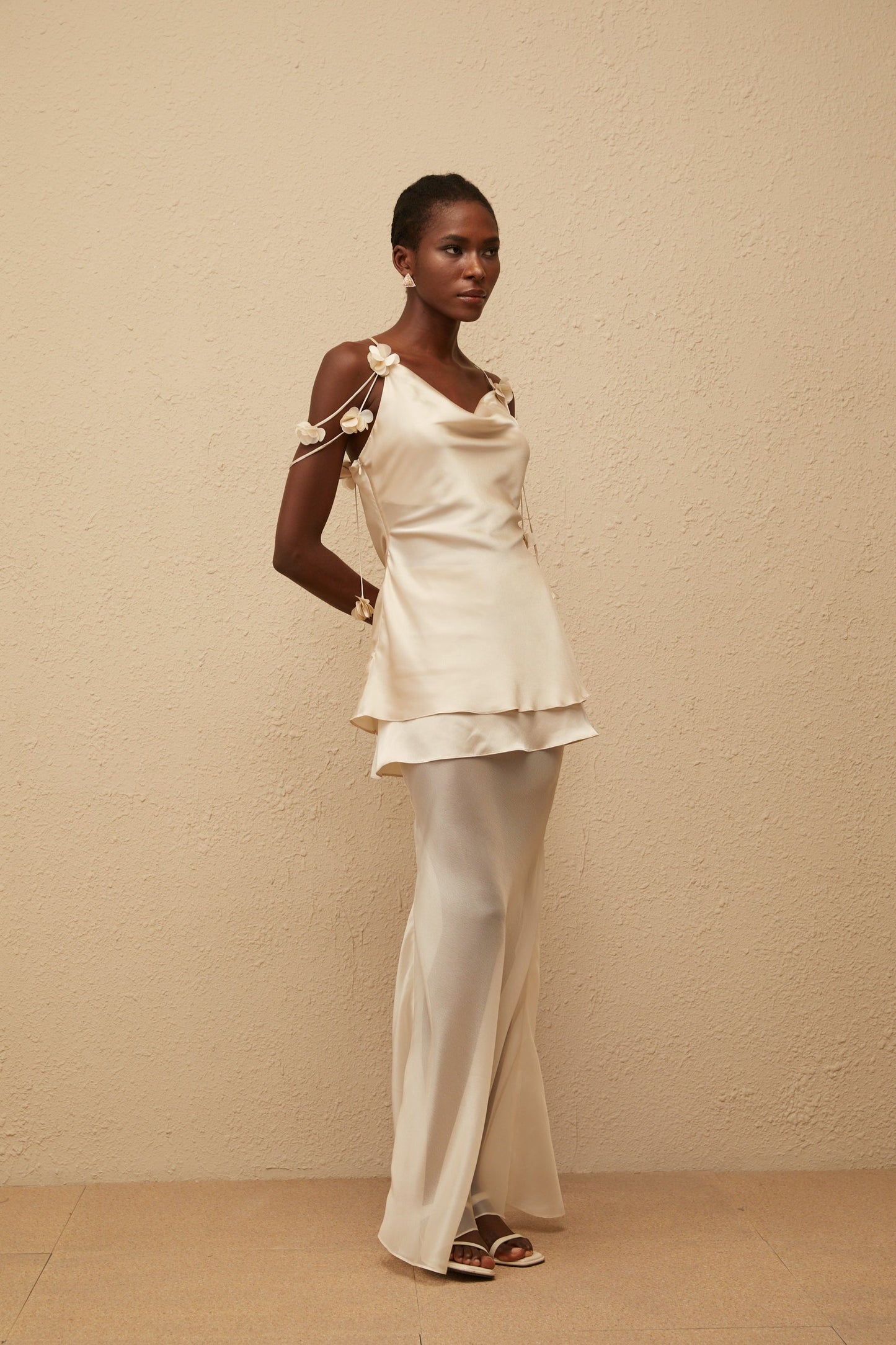 Aikaterini Neutral 3D Petal Satin Matching Set