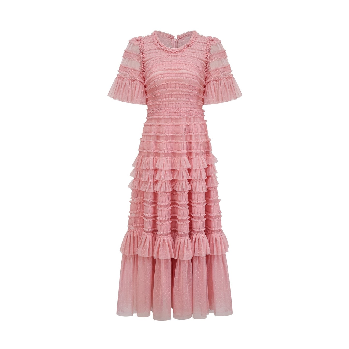 Aimée pink dotdetail ruffled tulle midi dress