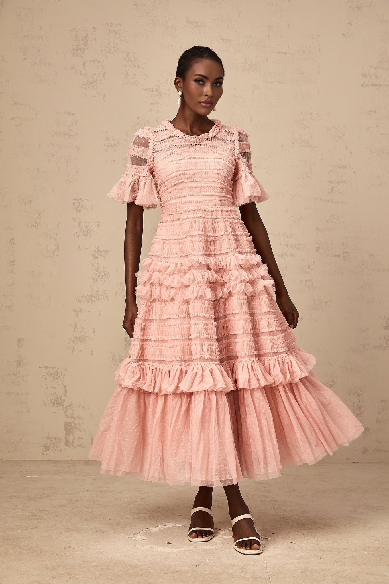 Aimée pink dotdetail ruffled tulle midi dress