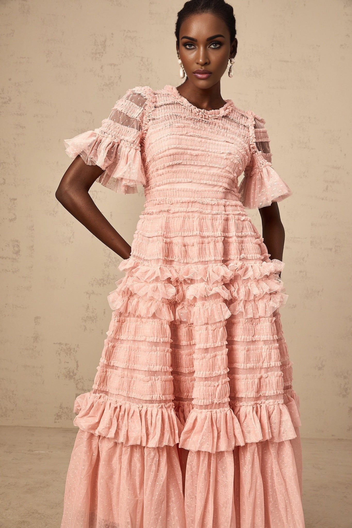 Aimée pink dotdetail ruffled tulle midi dress