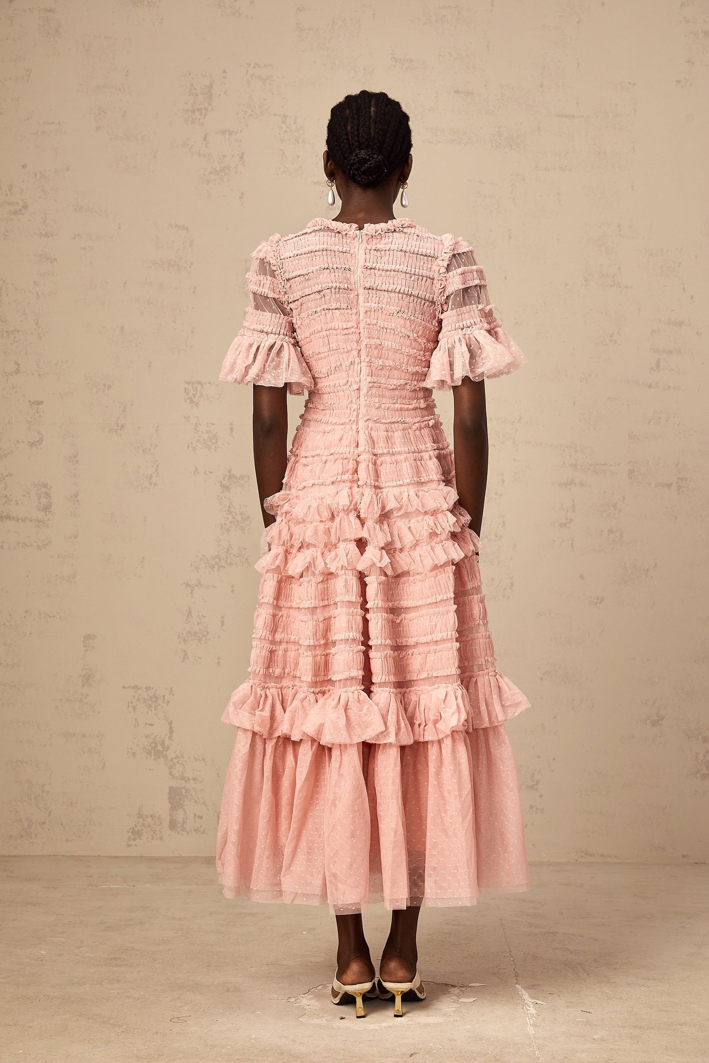 Aimée pink dotdetail ruffled tulle midi dress