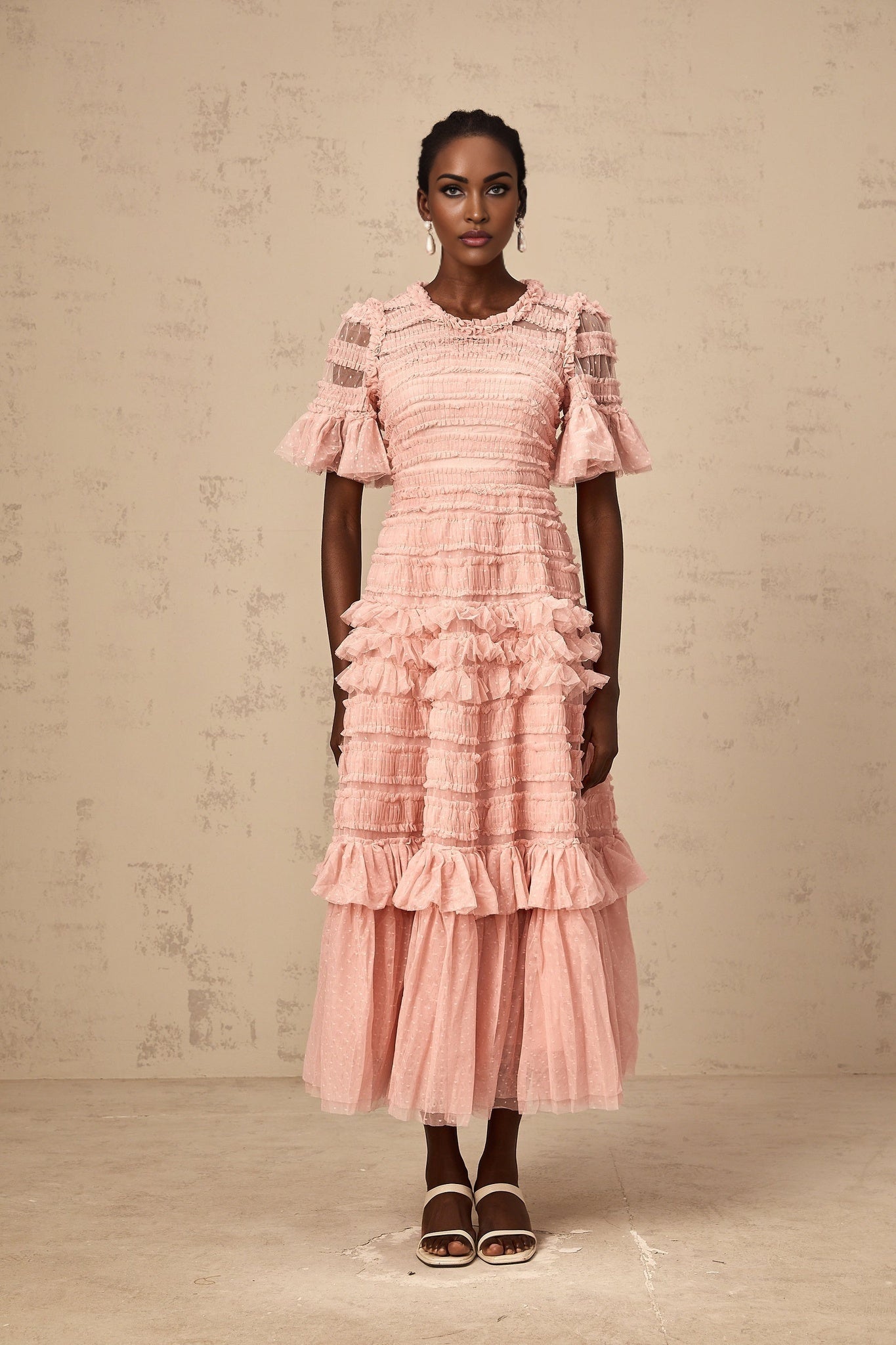Aimée pink dotdetail ruffled tulle midi dress