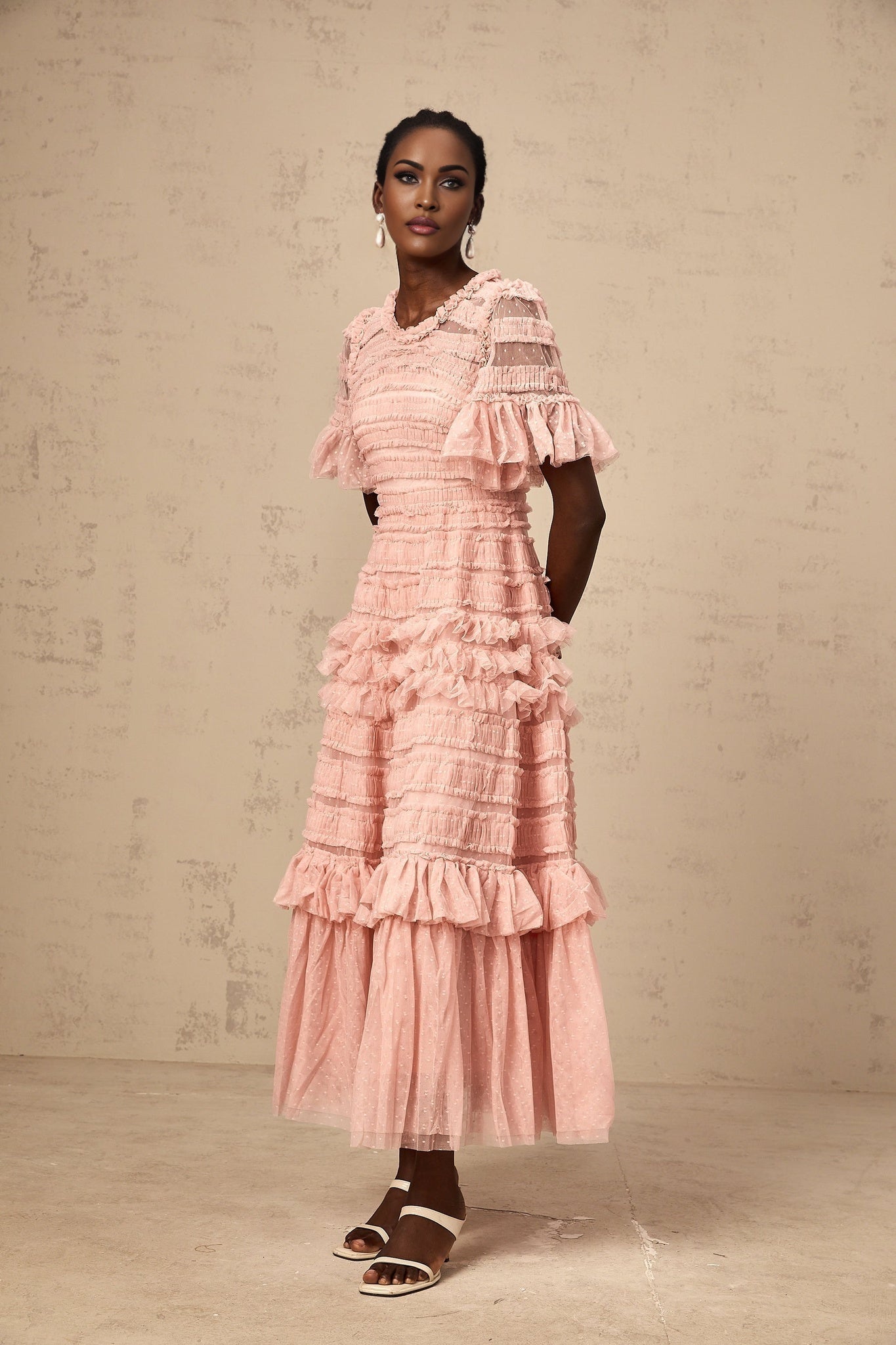 Aimée pink dotdetail ruffled tulle midi dress