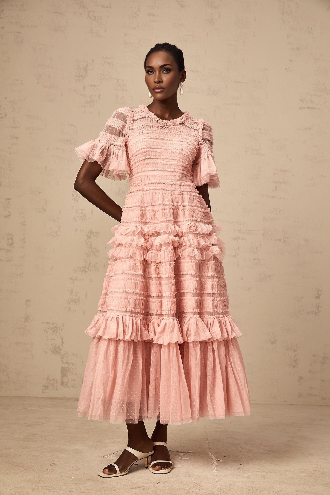 Aimée pink dotdetail ruffled tulle midi dress