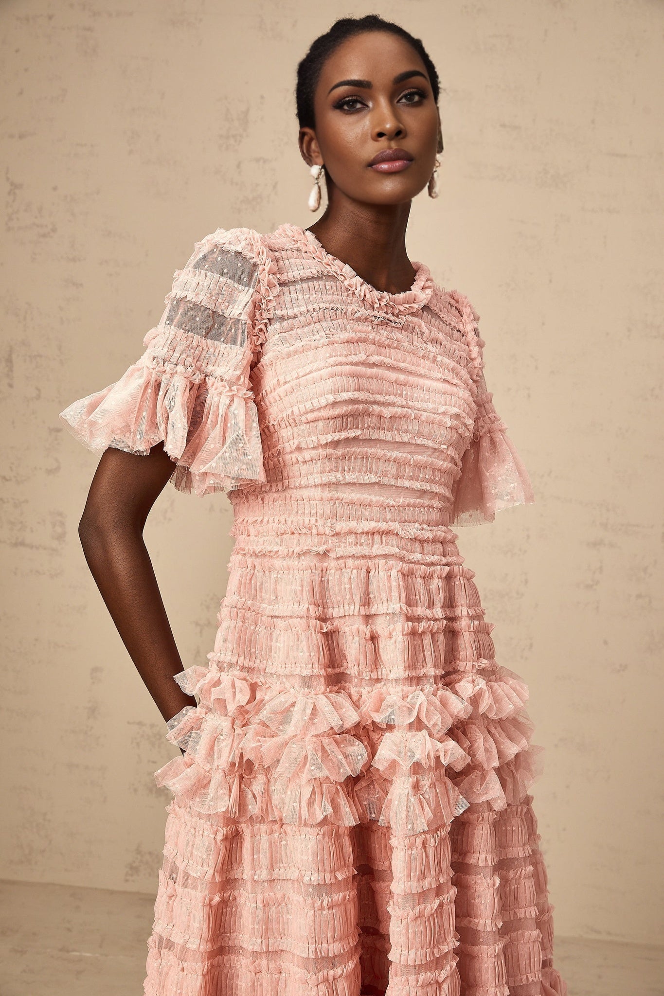 Aimée pink dotdetail ruffled tulle midi dress