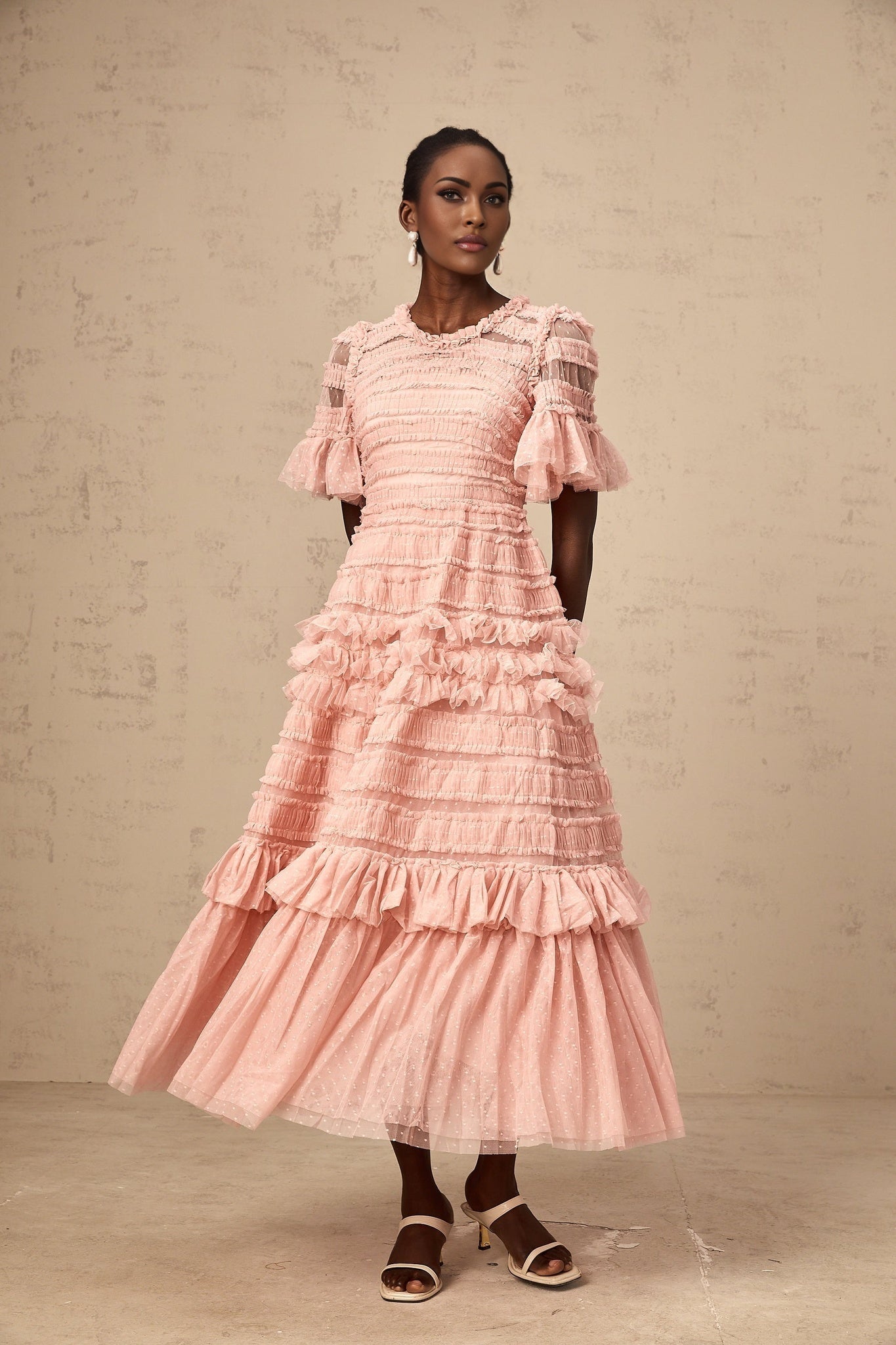 Aimée pink dotdetail ruffled tulle midi dress